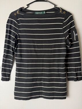 Lauren Ralph Lauren Black and White Striped Boatneck Knit Top